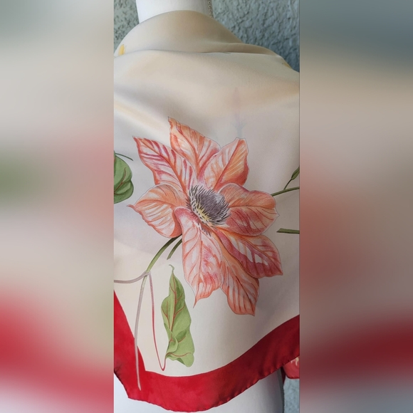 Floral Silk Scarf with Red Border - Picture 6 of 9